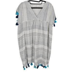 Anthropologie THML Blue White Boho Chic Shift Dress Tassel Striped V-Neck Medium